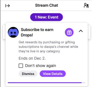 Example of the Twitch Drops banner you MUST see in chat before subscribing