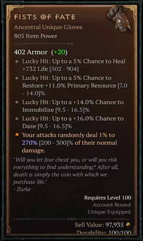 unique fists of fate item power 805