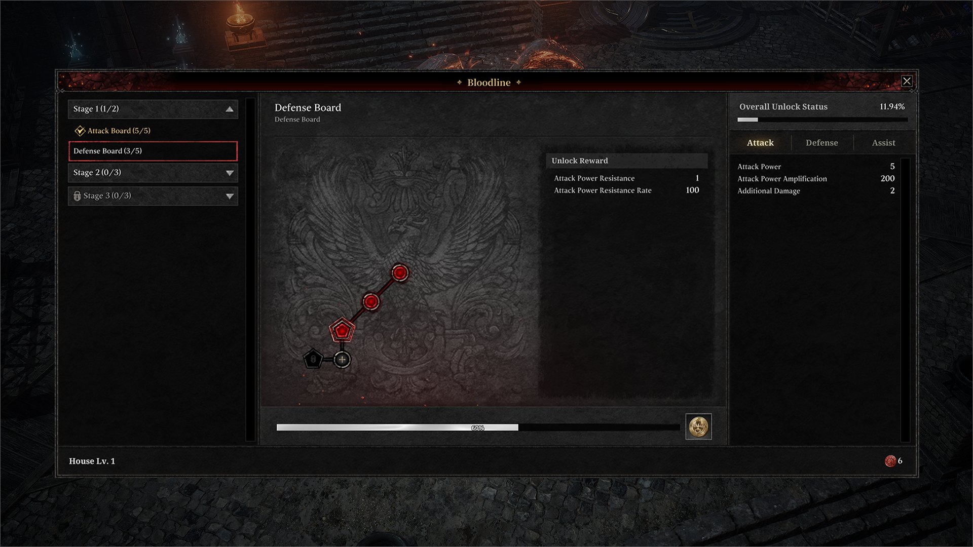 Actual in-game Bloodline board showing Defense Board with node path, unlock rewards, and stat categories
