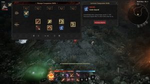 Embers of the Uncrowned Companion Skills management menu showing active and passive skill slots with Gale Guard example