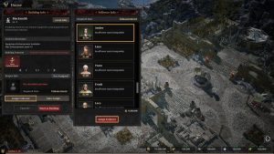 In-game Blacksmith building interface showing follower assignment options for Amber, Lana, Yusra, Frank and Loco with 300 gold cost under each follower portrait