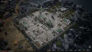 Aerial view of a developing House settlement in Embers of the Uncrowned showing Resource Management Office, Family Headquarters, Blacksmith, Stable, Crafting Workshop, Trading Post and Magic Laboratory with active followers and resource nodes