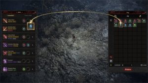 Embers of the Uncrowned Skill Gems interface showing the skills menu on the left with active skills like Triple Strike and Critical Strike, and the bag on the right containing colorful skill gems ready to be dragged and equipped
