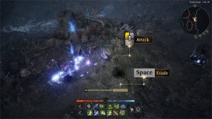 Embers of the Uncrowned evade mechanic in action with blue effects and on screen prompt