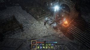 Monuments of Life glowing pillar in a stone settlement area
