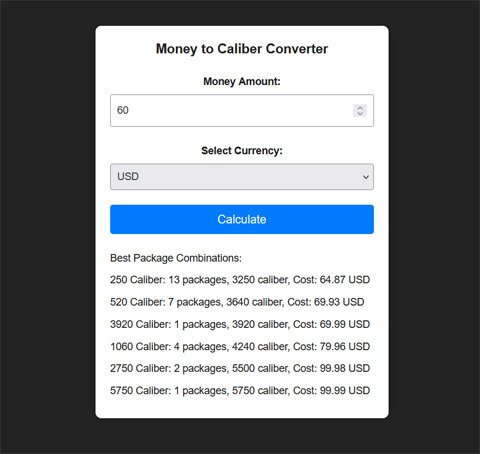 money to caliber calculator