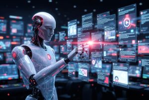 A massive futuristic AI robot scanning and moderating thousands of social media posts in real time