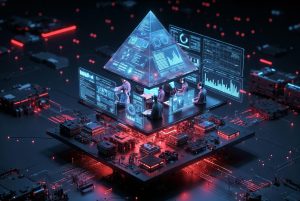 A three-layered futuristic pyramid representing the hybrid moderation model: AI at the base, human review in the middle, and transparent appeals at the top