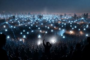A vast digital cityscape at dusk, with glowing user icons representing billions of connections on social media