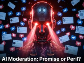 AI Moderation Robot Red Glow from Eyes