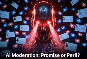 AI Moderation Robot Red Glow from Eyes