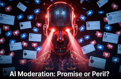 AI Moderation Robot Red Glow from Eyes