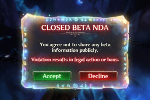 In-game closed beta NDA popup with strict penalty warning