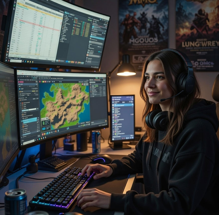 Female content creator at multi-monitor setup building MMO guides