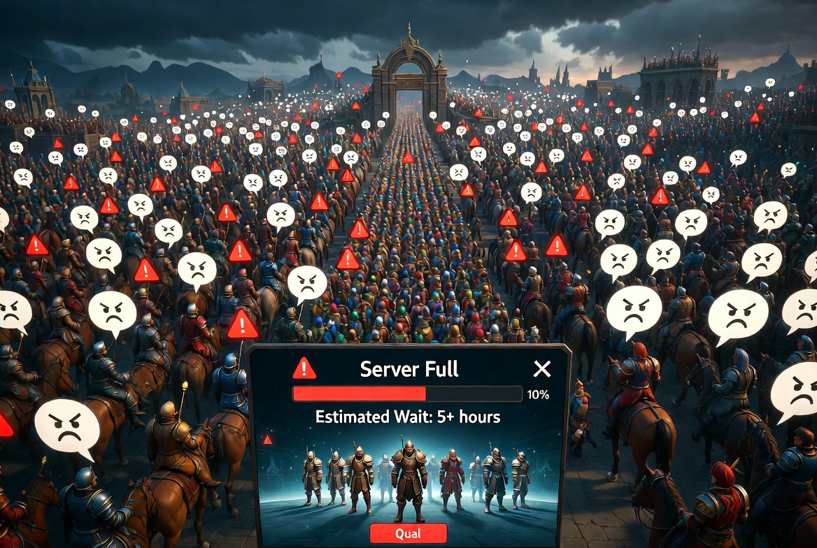 Crowded MMO launch day with long server queues and wait times