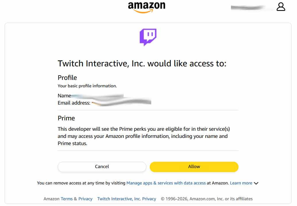 Allow Twitch Interactive access to Amazon Account