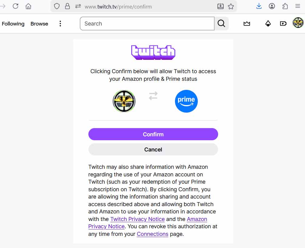 Confirm Linking Twitch to Prime