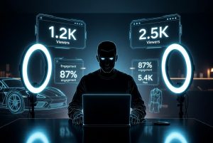 modern studio with ring lights and laptop on a desk