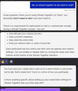 Screenshot of Twitch Support AI bot response about Stream Together requirements