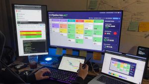 A focused creator building a complex productivity dashboard with color-coded pipelines and automated trackers on multiple screens
