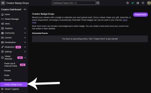 Creator Badge Drops dashboard showing the Create Event button and one-event limit note