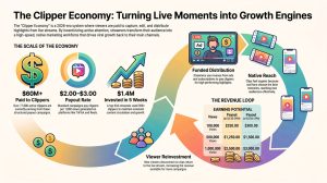 Clipper economy infographic showing the loops of paid syndication, viewer attention, and community growth